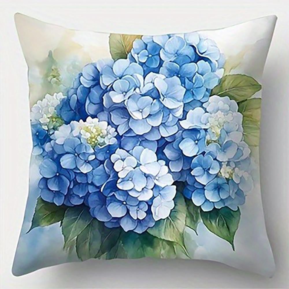 Blue Hydrangea Floral PillowcaseBedroom Sofa Decorative Cushion Cover With Zipper Soft Cushion Cover