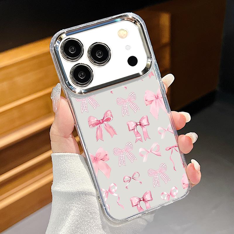 Bowknots Cherry Pattern Case For iPhone 17 Pro Max Plating Lens Frame Clear Soft Cover For iPhone 16 15 14 13 Pro Max 11 16E 17E