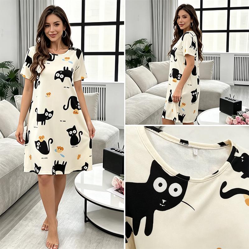Women's Cute Black Cat Print Nightdress, Casual Loose Short Sleeve Sleep Dress, Soft Summer Loungewear for Ladies