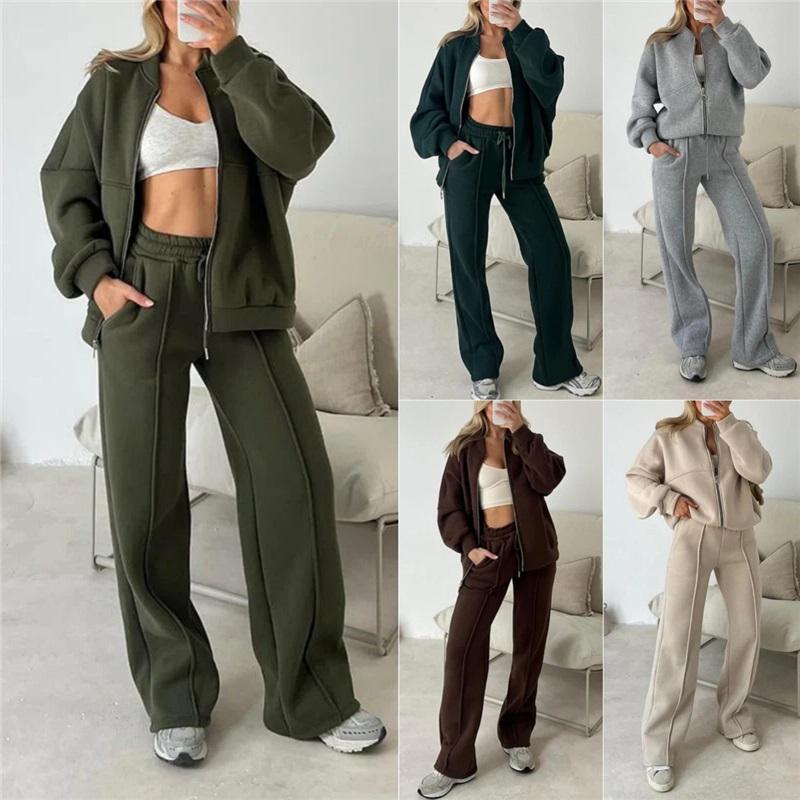 Women's 2 Piece Casual Tracksuit Zip Up Bomber Jacket And Elastic Waist Wide Leg Pants Loungewear Set