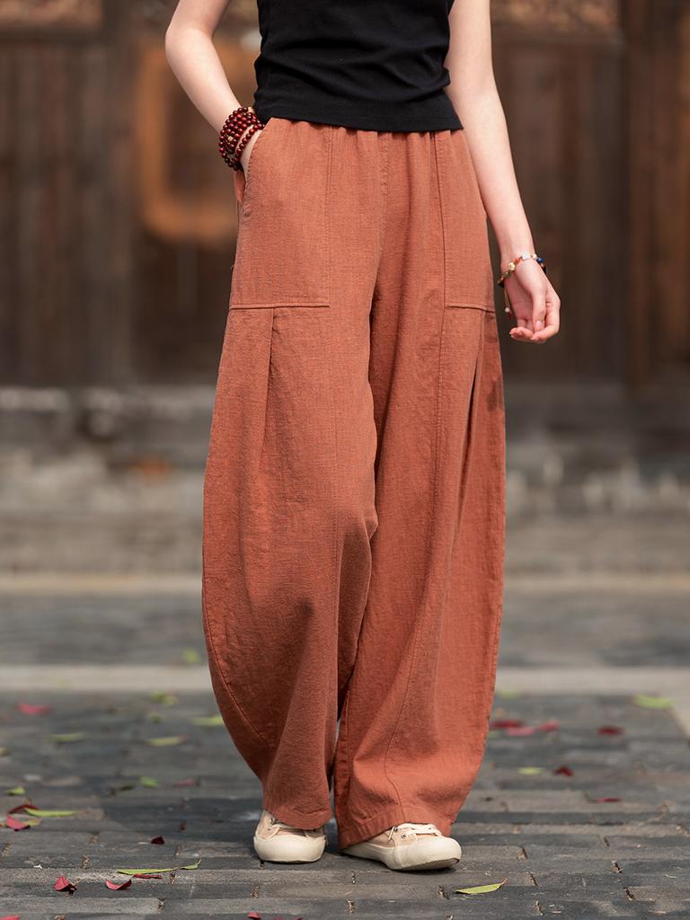 Women Vintage Bloomers Pants Solid Color Elastic Waist Pockets Trousers Spring Autumn Loose Women Cotton Pants