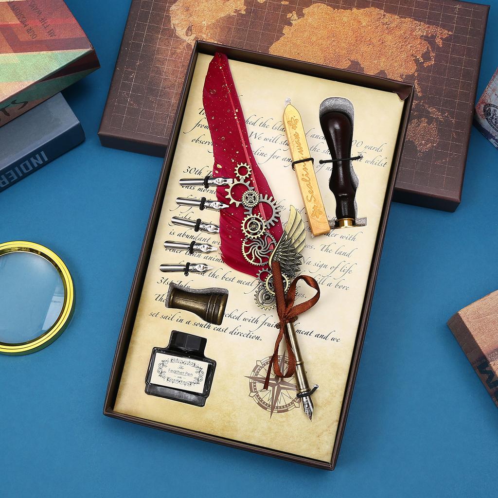 Retro Feather Pen Mechanical Feather Pen Steampunk Dip Pen Qixi Festival Gift Box Set Gift