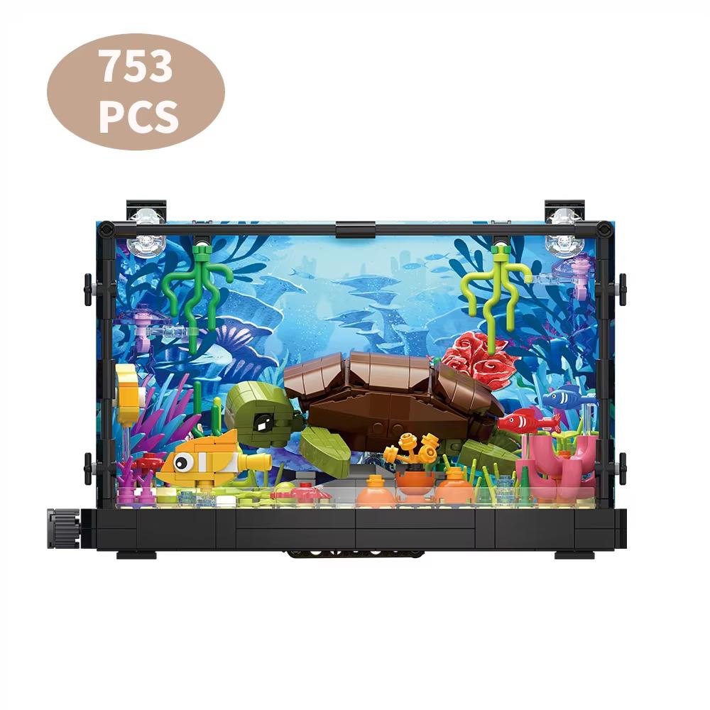 Set de Bloques de Pecera con Luces, Acuario, Vida Marina, Tanque Ecológico de Tiburón, Juego de Bloques para Niños +6 Años, Regalo para Amantes del Océano