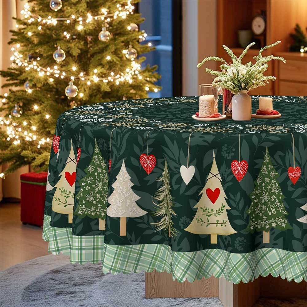 Christmas Theme Green, Round Table Cloth, Snowflake Christmas Tree Pattern, Table Decoration Cloth, Festive Atmosphere