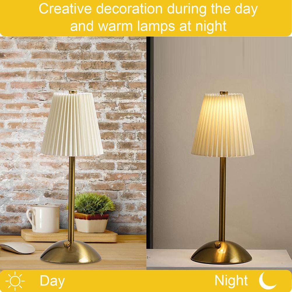 Pleated Shade Nightstand Lamp Soft Light Decorative Light with Metal Base Rechargeable for Living Room Bedroom