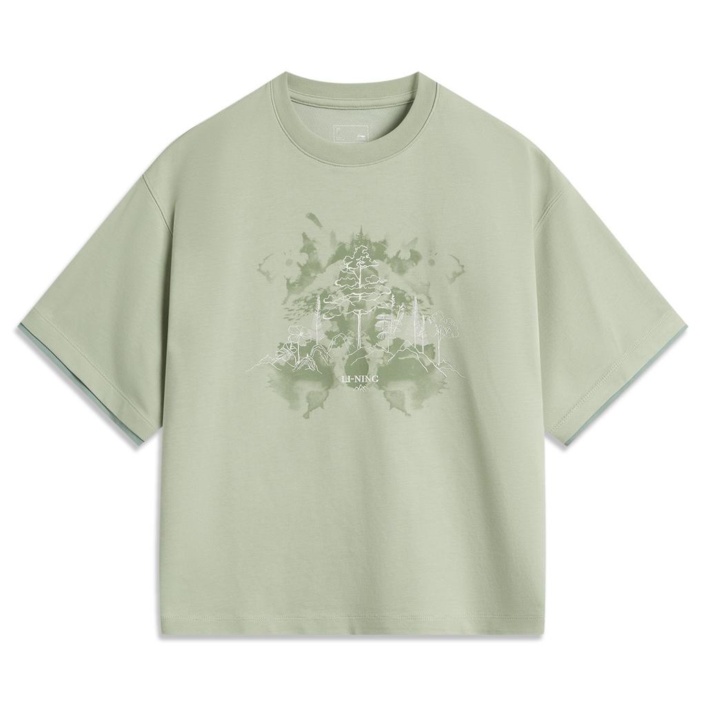 Li Ning Sports Trend Series Printed Letter Round Neck Comfortable Breathable Short Sleeve T-Shirt Women T-Shirts Desert-Green AHSU506-2