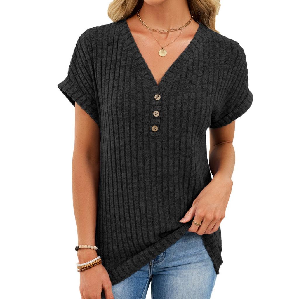 Summer Spring Women's Solid Color V-neck Button Short Sleeve Casual Knit T-shirt