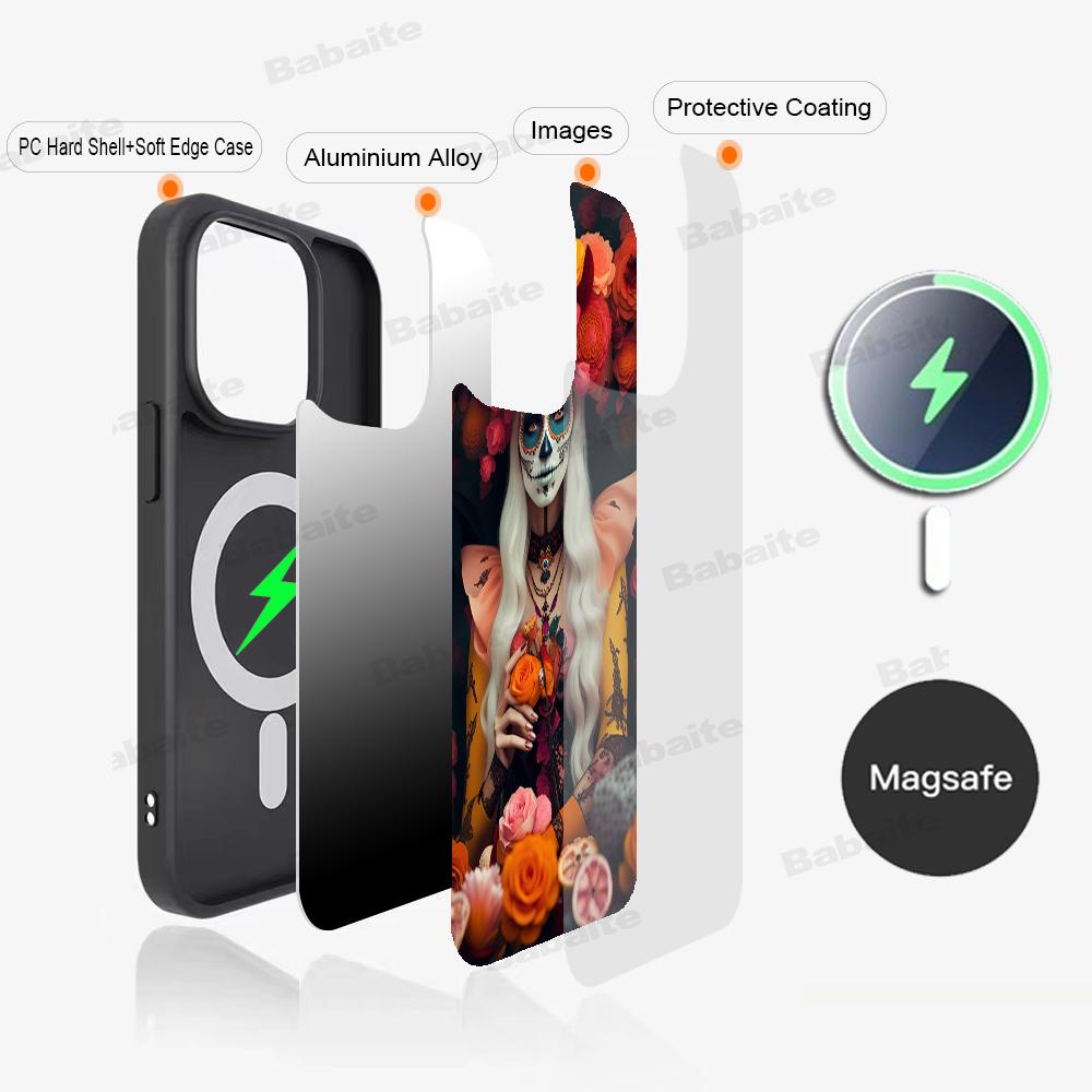 Catrina Beautiful Rose Girl Skull Phone Magnetic Case For IPhone 16 14 13 12 11 15 ProMax Plus For Magsafe Wireless Charge Cover