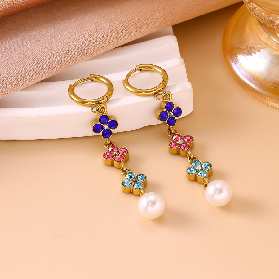 European & American Light Luxury Zircon Pearl Earrings - Colorful Four-Leaf Clover Design