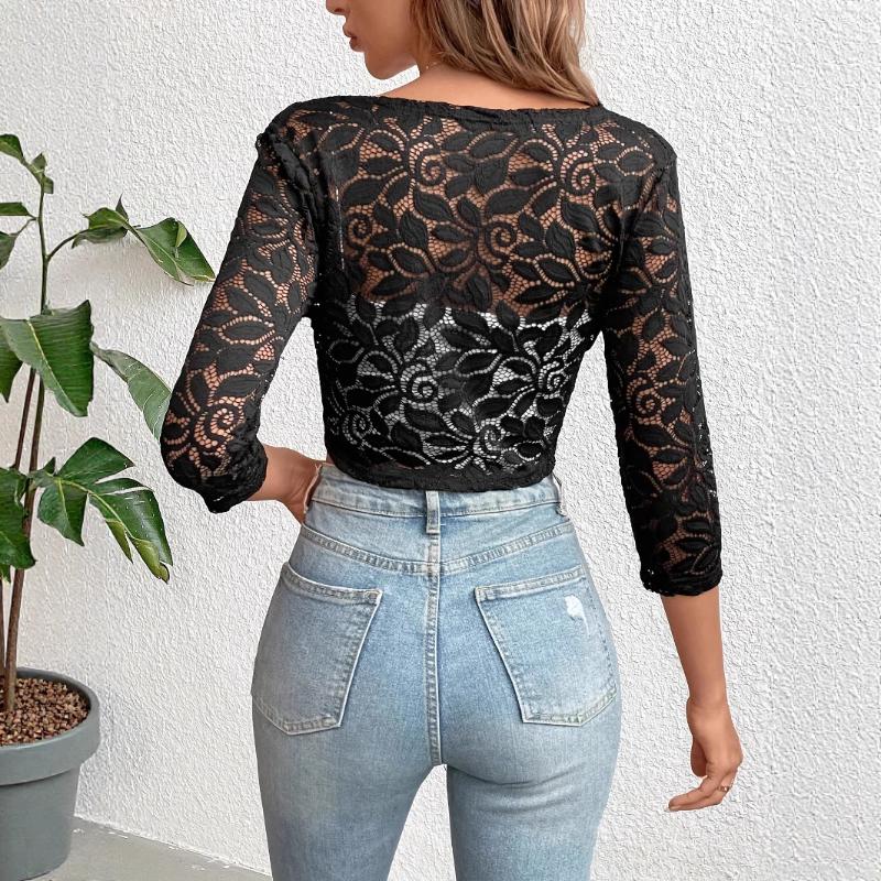 2025 Autumn New Cardigan Placket Spliced Fashionable Lace Short Jacket Top
