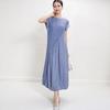 Miyake Summer Sleeveless Pleated A-Line Dress with a Waist-Cinching Round Neck Design