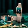 Dames Horloges Mode Vierkant Dames Quartz Horloge Armband Set Groene Wijzerplaat Eenvoudig Roségoud Mesh Luxe Dames Horloges