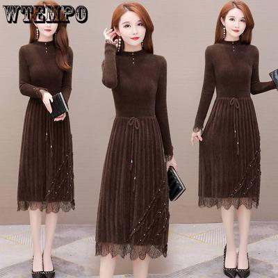Autumn and Winter Knee-length Dresses Women's Mesh Sweater Dresses Lace Knitted Dresses Half Turtleneck Pulloversr