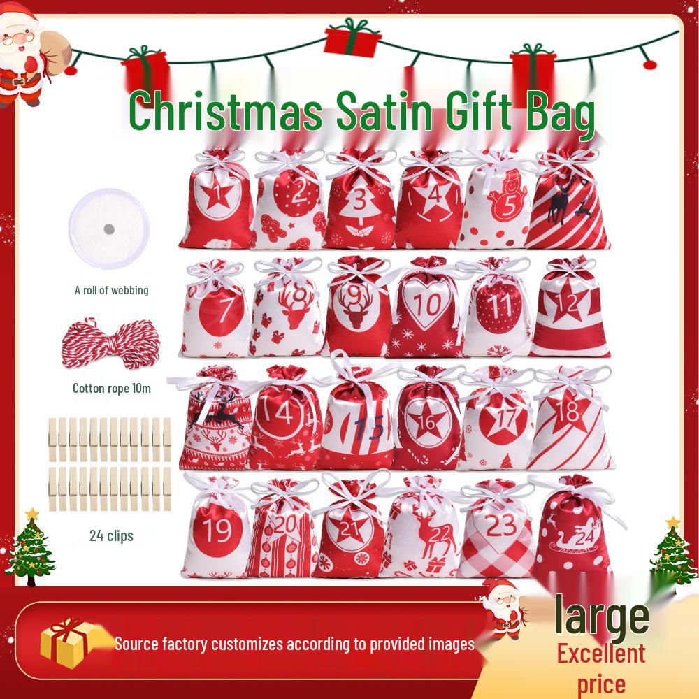 

Christmas Satin Drawstring Gift Bag Set - Advent Calendar Countdown Pouches