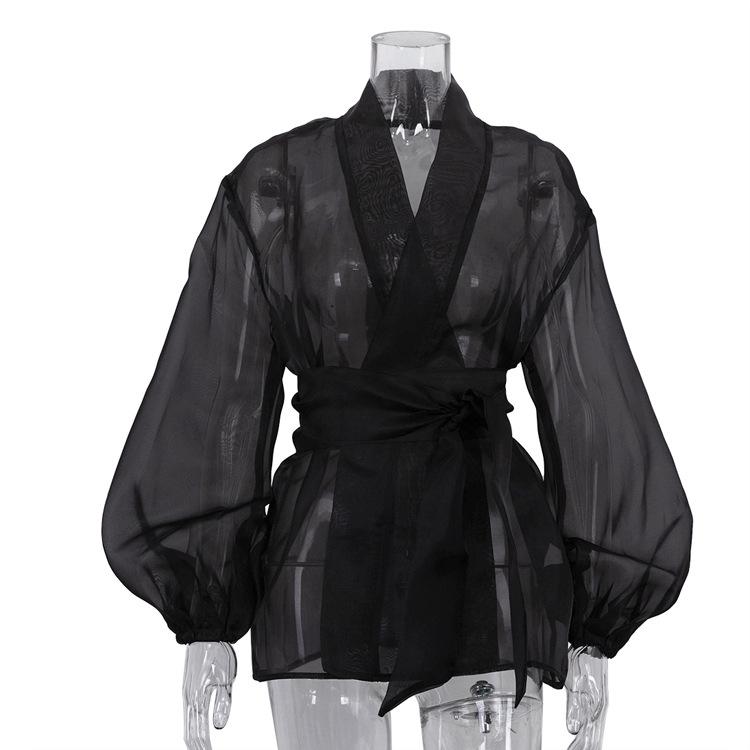 Women s Sheer Long Puff Sleeve Blouse V Neck Wrap Tie Waist Sheer Shirt See Through Top S чёрный