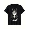 European Sizes Men's  T-Shirt - Soft Breathable Black Tee with Tuxedo Cat Graphic