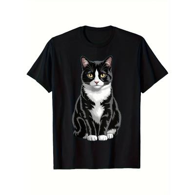 Taglie Europee Maglietta da Uomo - T-shirt Nera Morbida Traspirante con Grafica di Gatto in Smoking