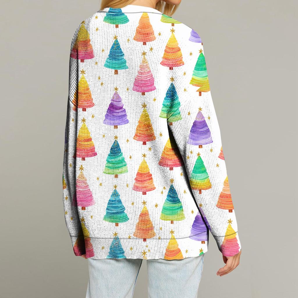Women's Fashion Long Sleeve Print V-Neck Button Loose Cardigan Top
