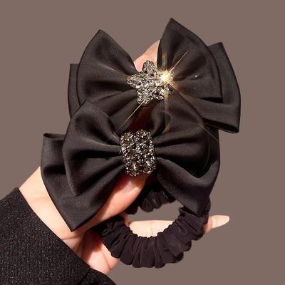 Women Black Satin Bow Elastic Hair Bands Crystal Scrunchies Hair Rope Tie Ponytail Girls Hair Accessories Korean Headdress