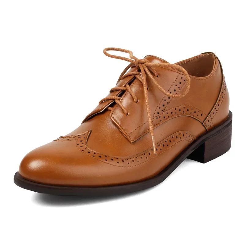 British Women Derbies Spring Autumn Mid Heel Oxfords White Yellow Brown Mixed Color Medallion Vintage Round Toe Lace Up Brogues