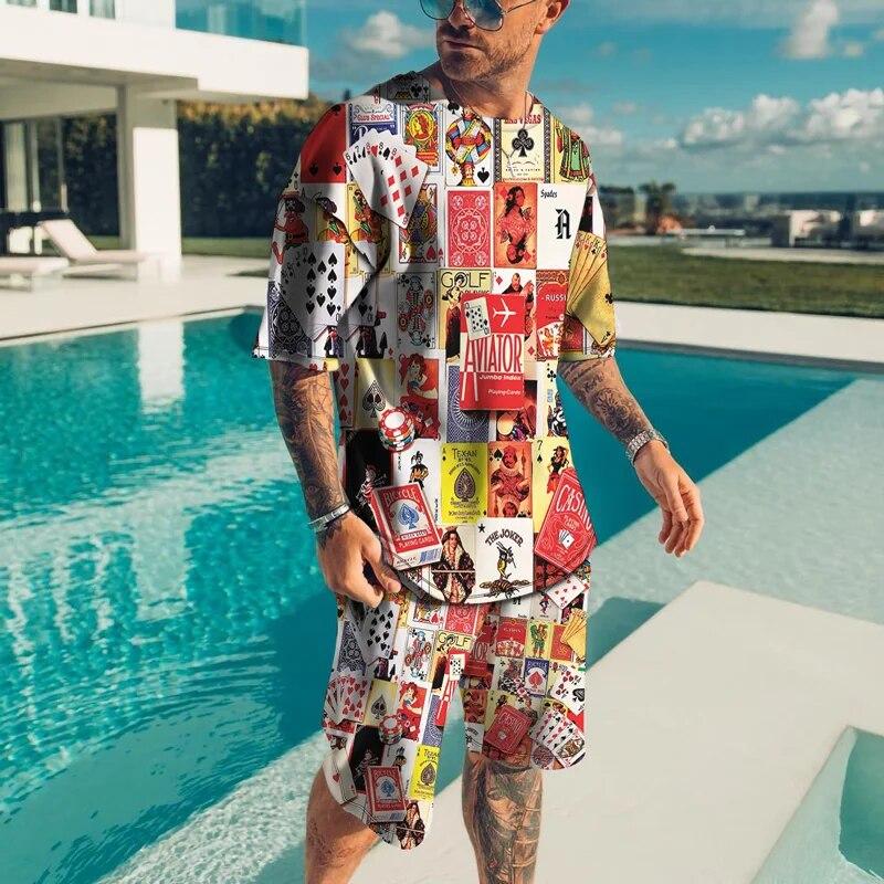 Personality Harajuku 3D Men's T-shirt Sets Casual Streetwear Oversized T-Shirt Shorts 2 Piece Set Summer Tracksuit Man Clothing
