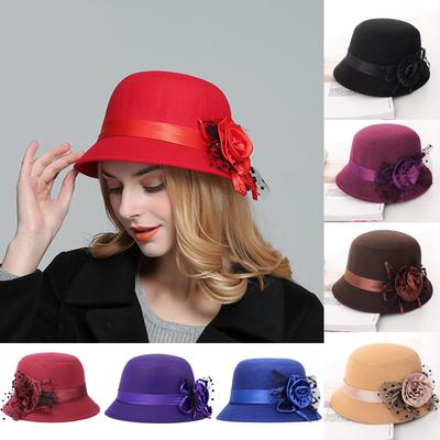 Women Fashion Vintage Formal Bowler Hats Imitation Woolen Flower Warm Party Bucket Cap Elegant Sun Hat