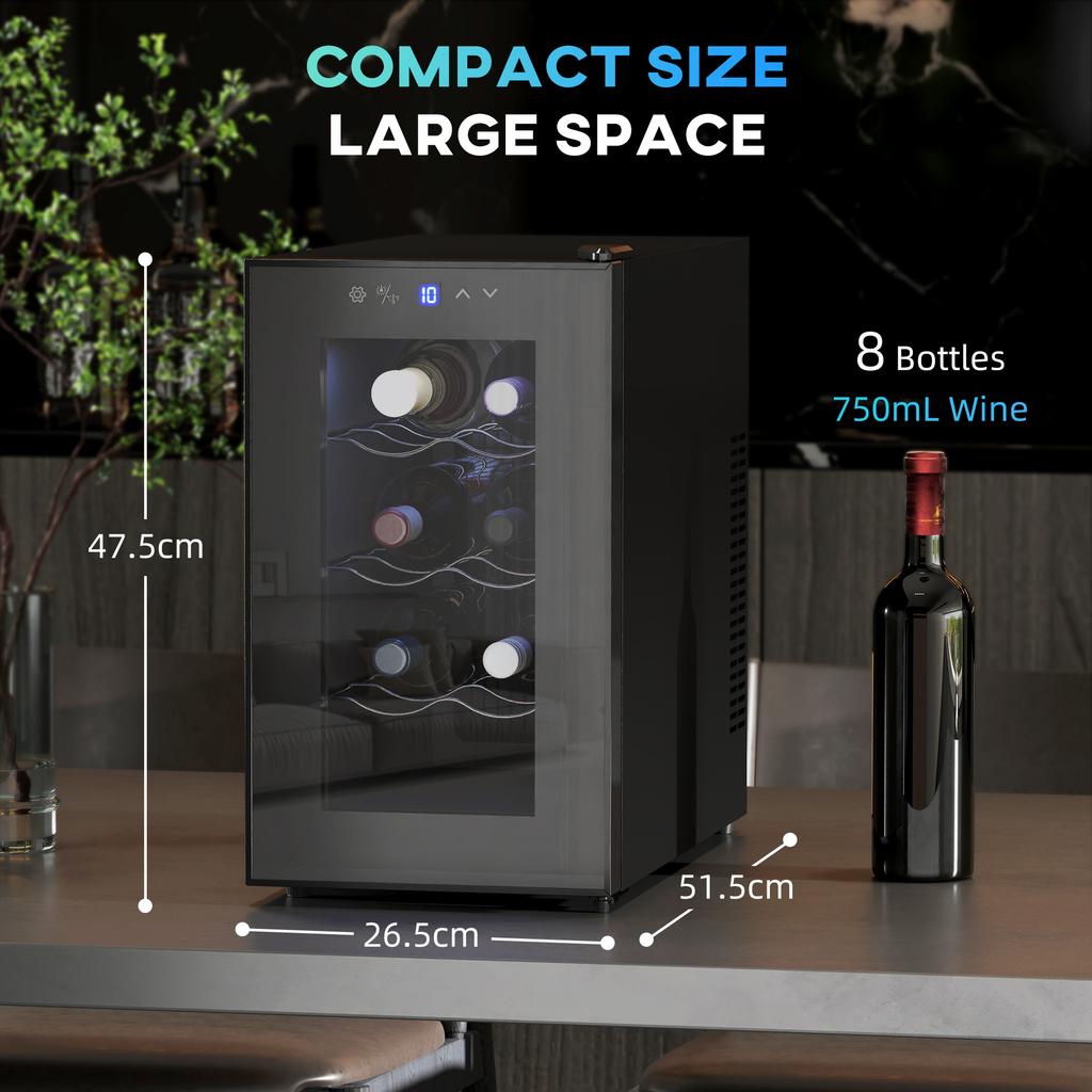 Mini Table Top Wine Fridge, 8 Bottle, 17L, 8-18 degrees C, 26.5cm Quiet Under Counter Wine Cooler Fridge with Glass Door, LED Light