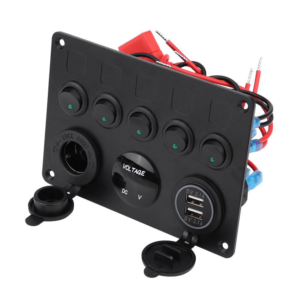 12-24V 5 Gang OnCelsiusOff Toggle   Panel Dual USB Voltmeter for Car Boat Marine Truck Green LED