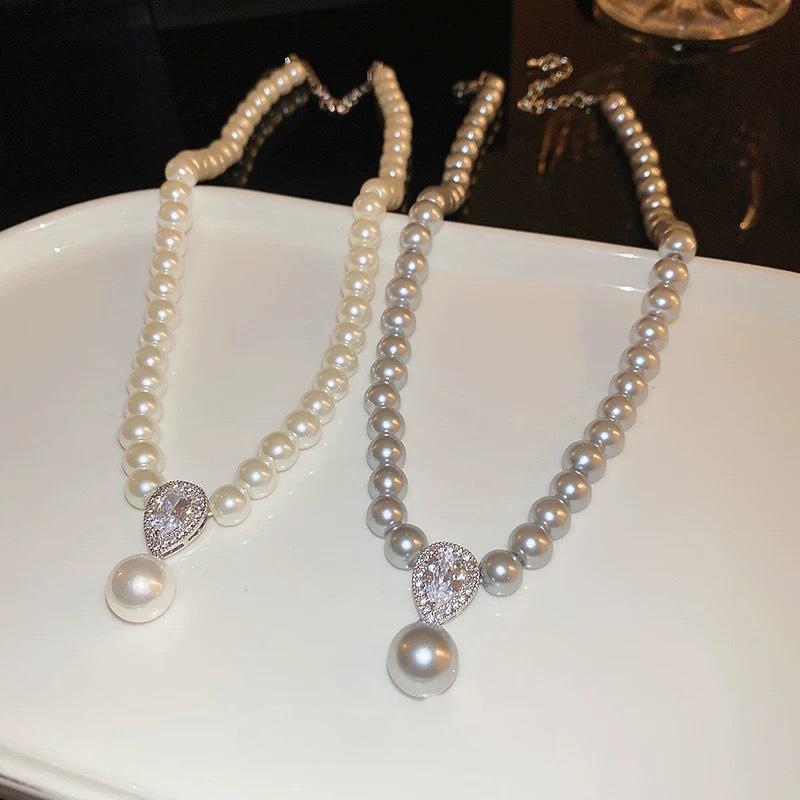 Pearl Zircon Teardrop Necklace French Style All-match High-end Pendant Light Luxury Clavicle Necklace Pearl Necklace for Women