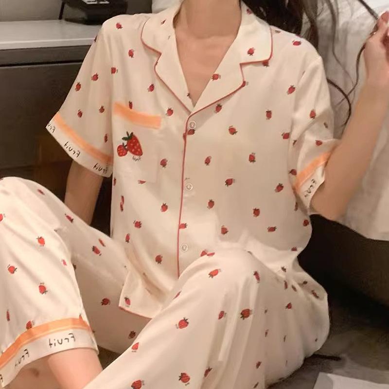 Sweet Wind Strawberry Letter Print Pajamas Women Can Wear Short-Sleeved Trousers Loungewear