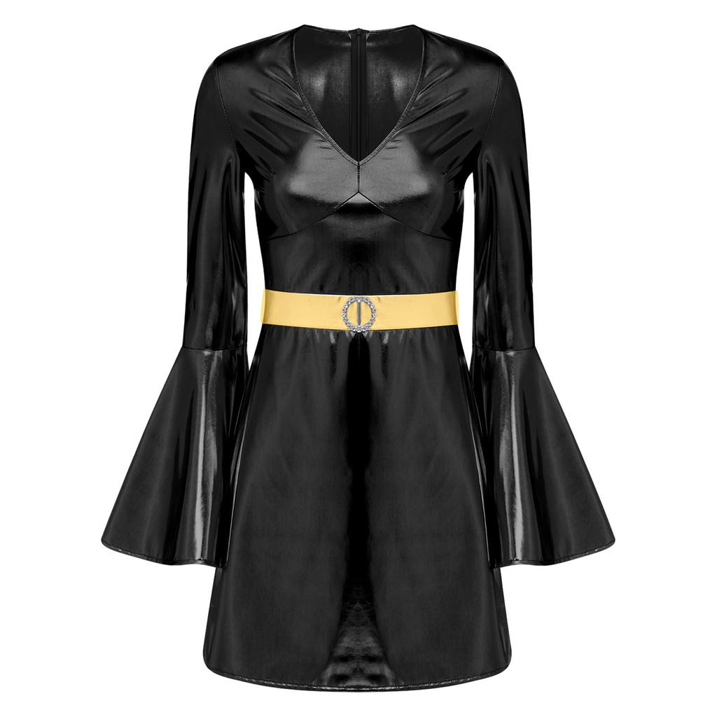 Womens 70s Disco Costume V Neck Flared Sleeve Crystal Decor Metallic Shiny Bodycon Dress