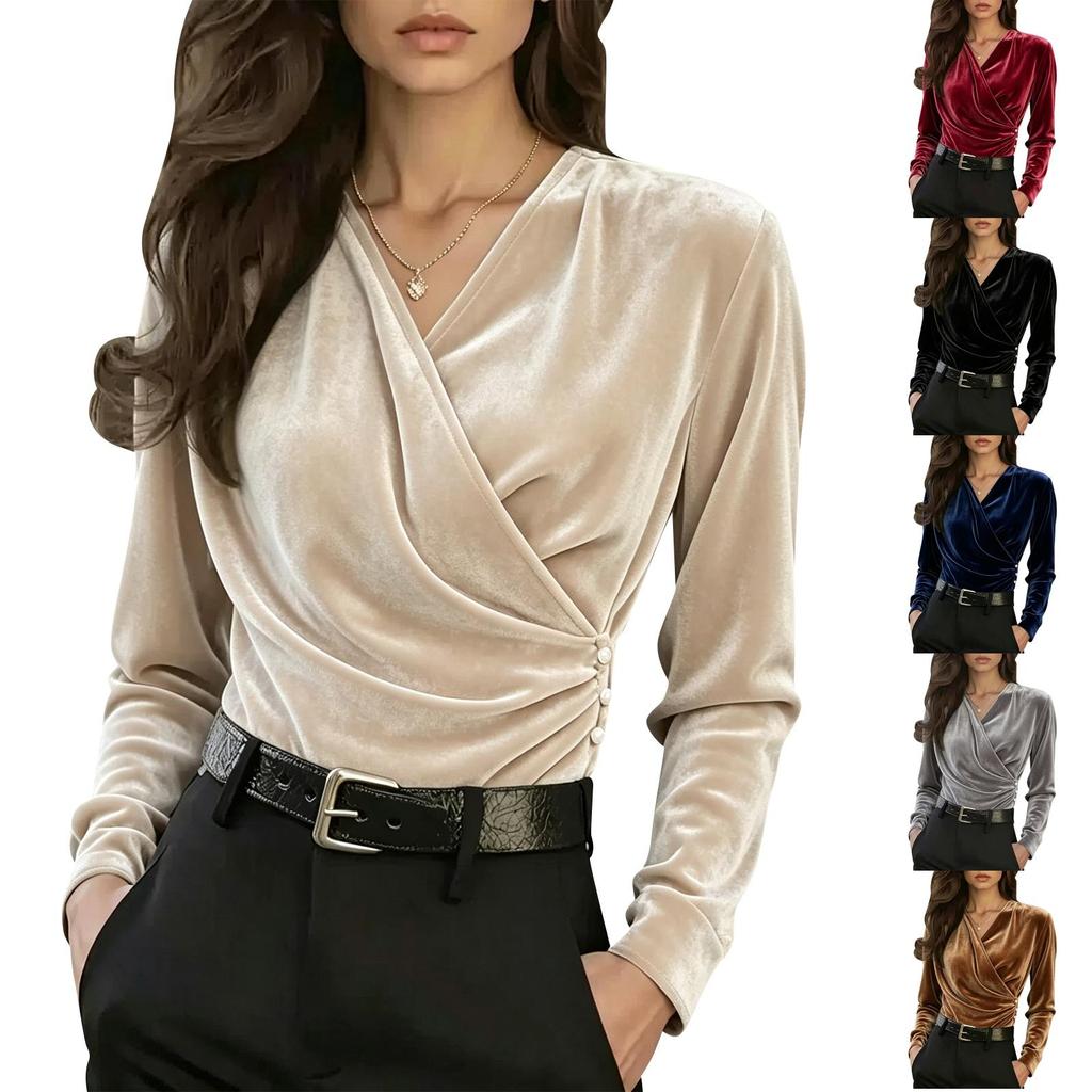 Women's Elegant V-Neck Long Sleeve Korean Velvet Shirt for Casual and Everyday Wear
