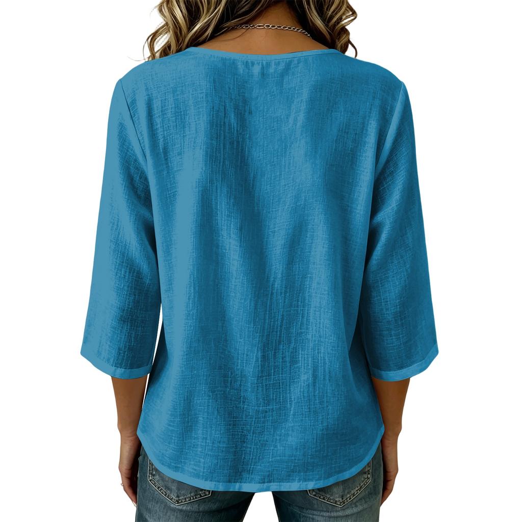 Damen Baumwolle Leinen Farbe Rundhals 3/4 Ärmel Bluse Lässiges Oberteil