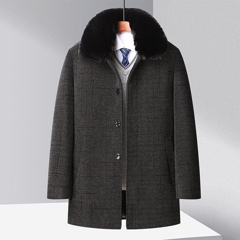 Autumn and Winter New Men's Chenille Coat Business Casual Fleece Thickened Dad Pack Take-off Fur Collar Coat Coat