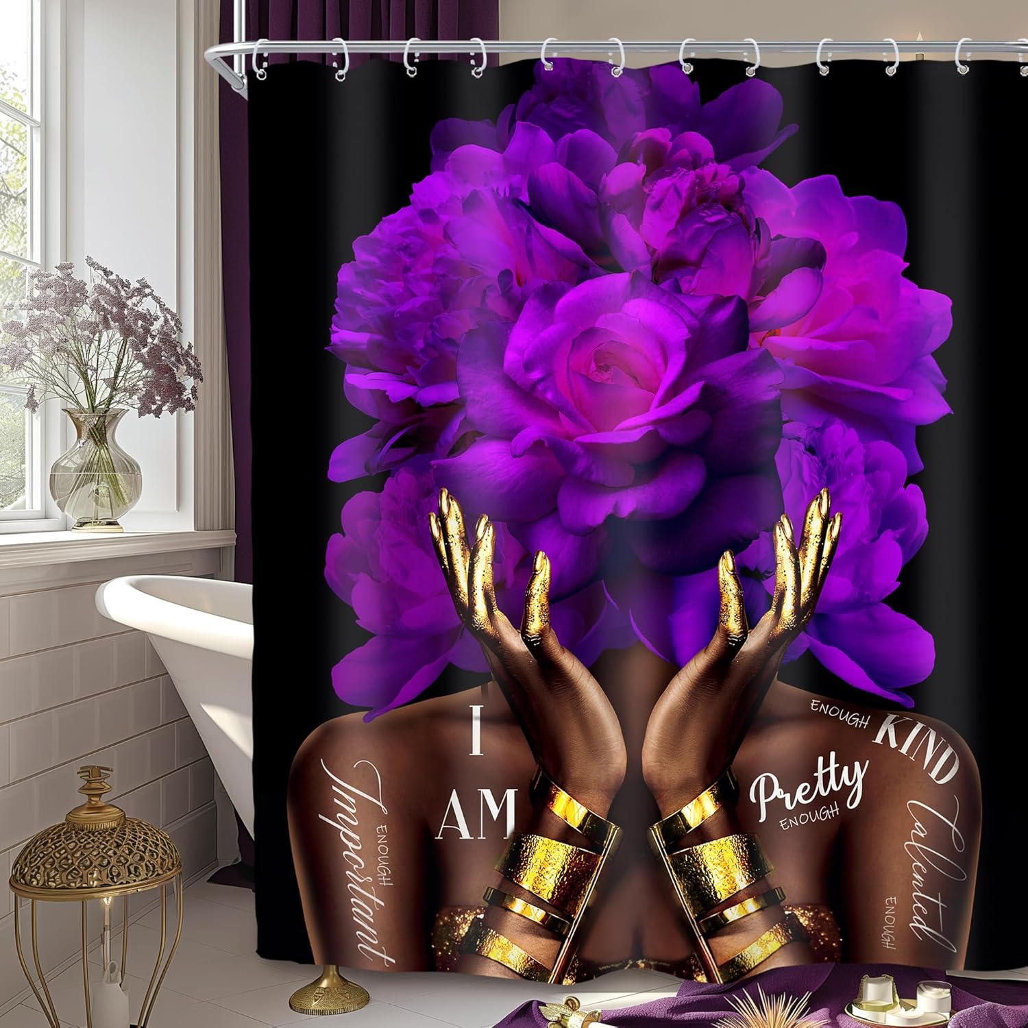 

African American Shower Curtain, Black Gold Peony Floral, Modern Girly Quotes, Waterproof Polyester with Hooks W300xH180cm