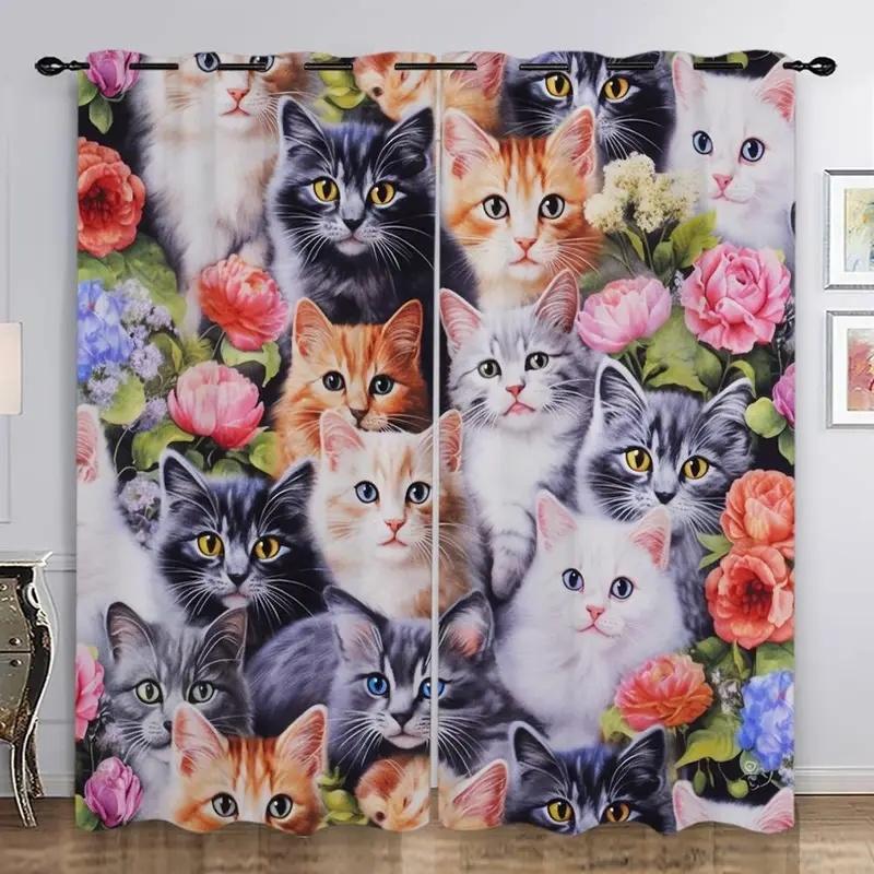 

2 Pcs Cute cat print curtains,suitable for bedroom,living room kitchen decoration,home decoration,window decoration 14Wx59L(35x150CM)x2&Grommet Top