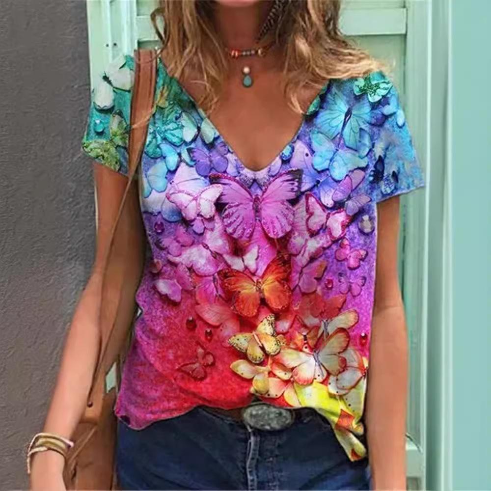 

Summer Butterfly Dragonfly 3dV Neck Printed New Women s Top T-shirt S