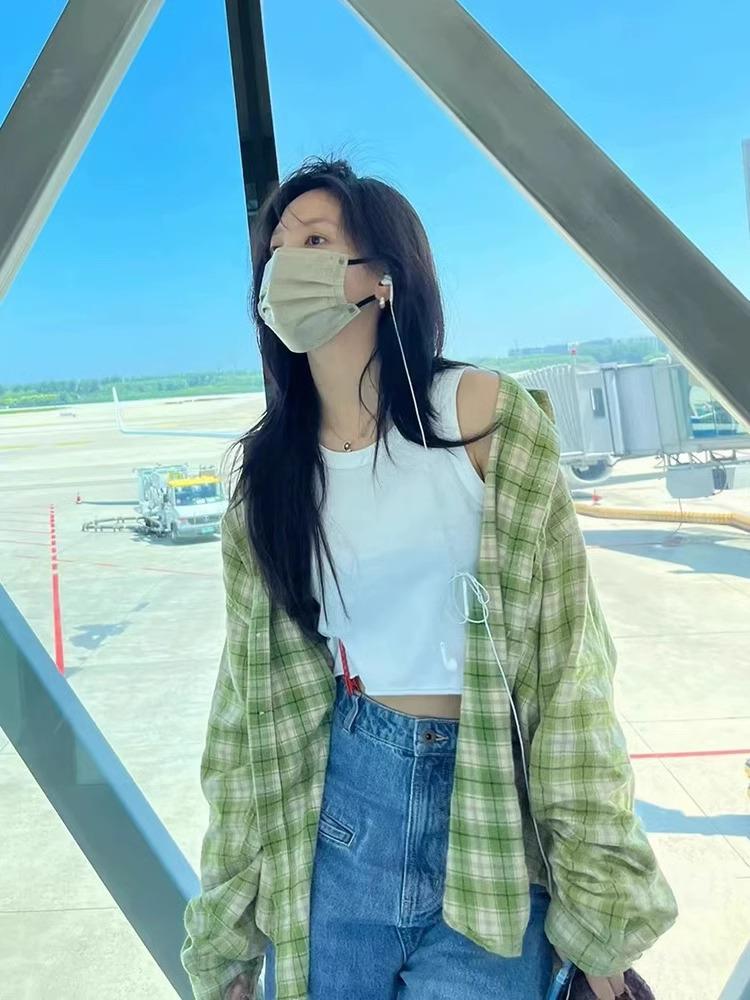 

Retro Green Plaid Shirt - Women s Loose Fit Casual Top for Spring and Autumn 2025 XL