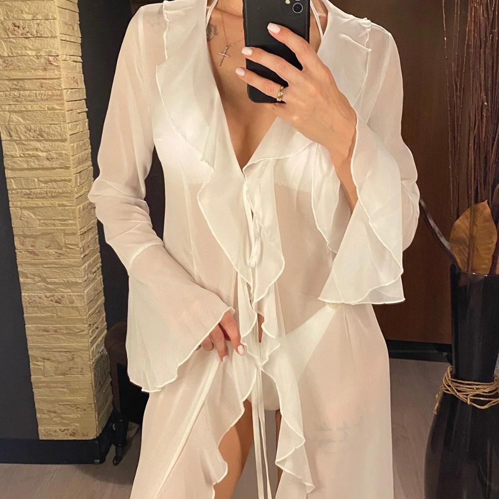 New Sexy V Neck Ruffled Long Sleeve Chiffon Tunic Beach Cover Up Cover-ups Beach Dress Beach Wear Beachwear Female Women V5976