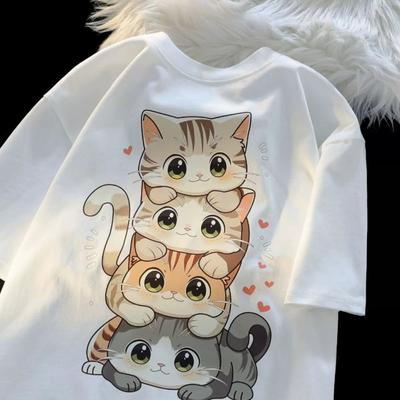 Söt tecknad katttryck Dam Rundhalsad Kortärmad T-shirt Casual Lös Mångsidig Sommar T-shirt