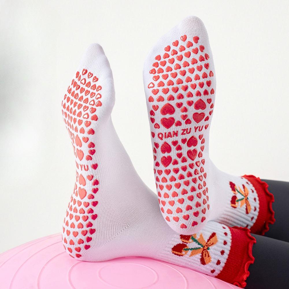 Sports Socks, Women's Lace Mid-calf Socks, Professional Anti-slip Yoga Socks, Heart-shaped Strawberry Cherry Fruit Pilates Socks