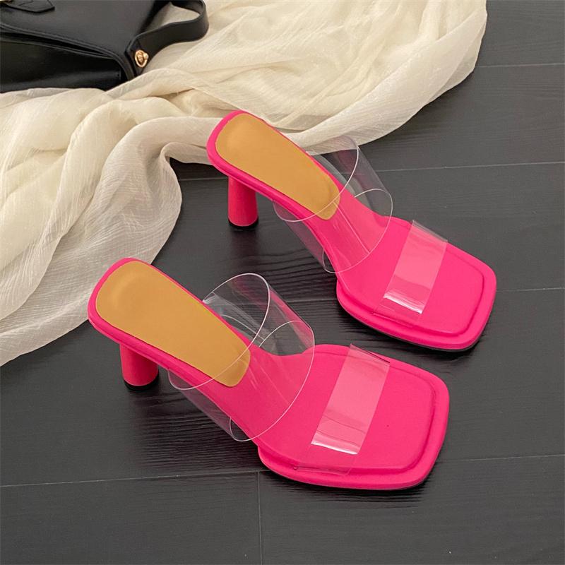Fashion Women's Fashion High-heeled Sandals Summer New Square Head Open Toe Transparent Strap Set Foot Anti-slip Wear Slippers