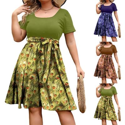 Women's Fashionable And Trendy Round Neck Short Sleeved Waist Print Dress In Plus Size