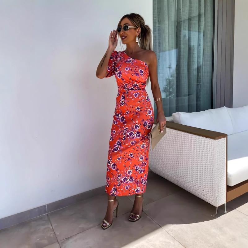 Neues, sommerlich modisches und sexy schulterfreies bedrucktes Kleid mit Taillenschlitz und gespaltenem Saum Damenbekleidung