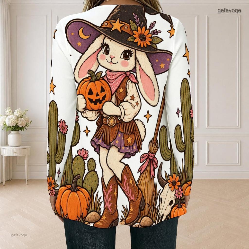 Women Plus Size Faux Two Piece Square Neck Long Sleeve Halloween Ghost Pumpkin Printed White T Shirt