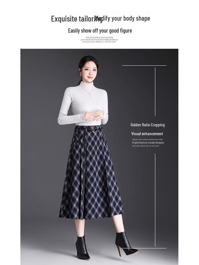 Spring 2026 High-Waist Grid Pleated A-Line Midi Skirt