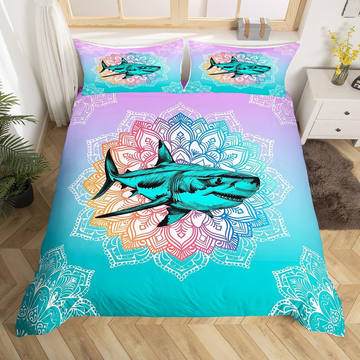 

Comforter Starfish Boho Mandala Flower Bedding Set For Boys Girlsocean Animal Comforter Exotic Geometric Comforter (quilt)-EU Single(135*200cm)3pcs