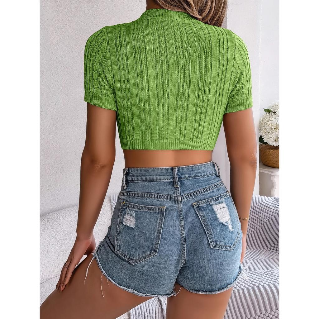 GMXIA Spring and Summer Casual Hollowed-out Twisted Short-sleeved Knitted Sweater, Vacation Short Navel Top for Women's Wear