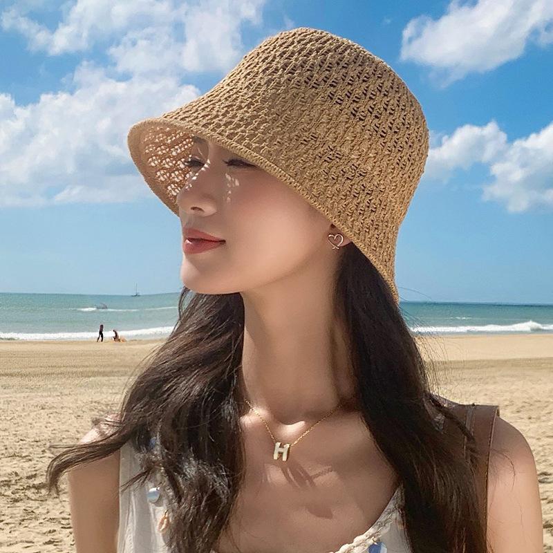 Women Hollow Crochet Bucket Hat Knit Fisherman Cap Lightweight Wide Brim Sun Hat for Summer Beach Outdoor Travel Daily Casual Sun Protection