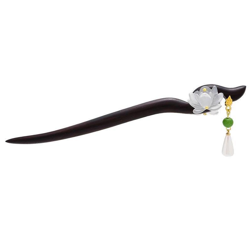 Traditional Double-Sided Lotus Sandalwood Hairpin with Tassels for Women - Chinese Qipao Hair Accessory
